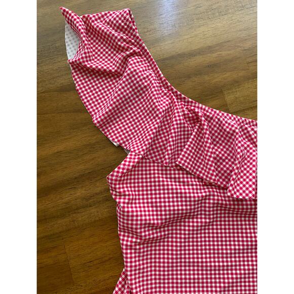 J Crew Ruffle One Shoulder Red White Gingham Full Coverage One Piece EUC Large - Picture 2 of 10